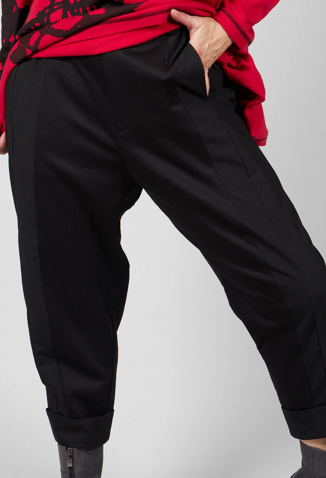 Dual Fabric Tapered Trousers in Black