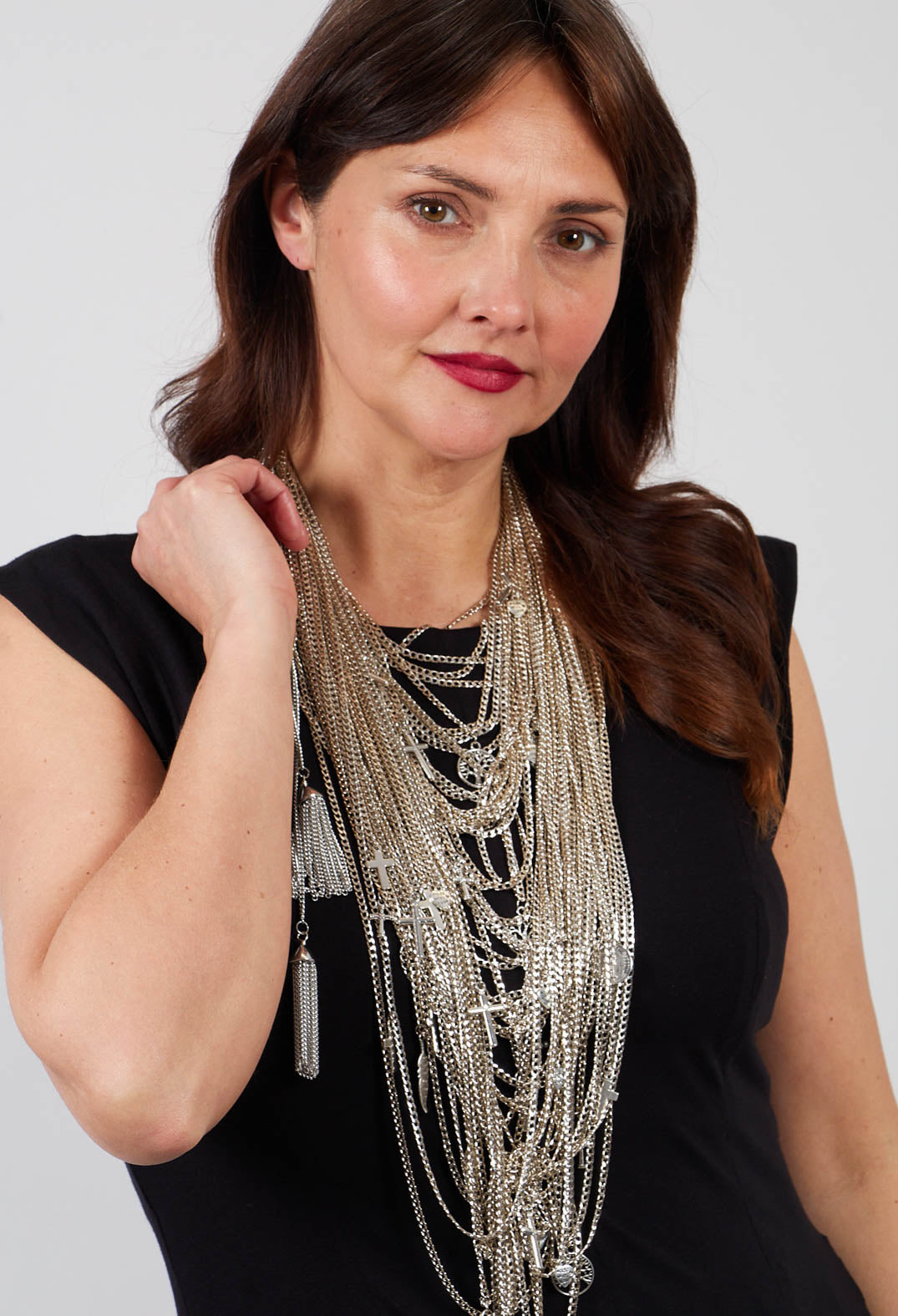 Longline Necklace with Multiple Chains and Pendants in Silver
