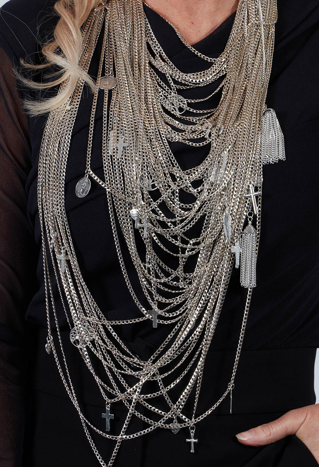 Longline Necklace with Multiple Chains and Pendants in Silver