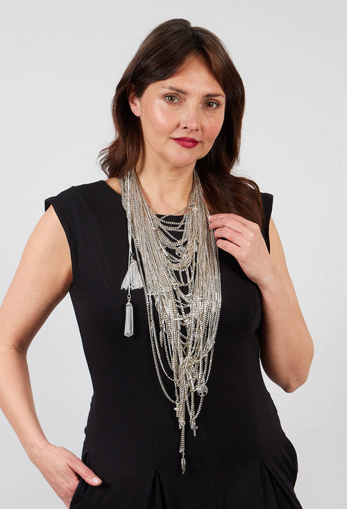 Longline Necklace with Multiple Chains and Pendants in Silver