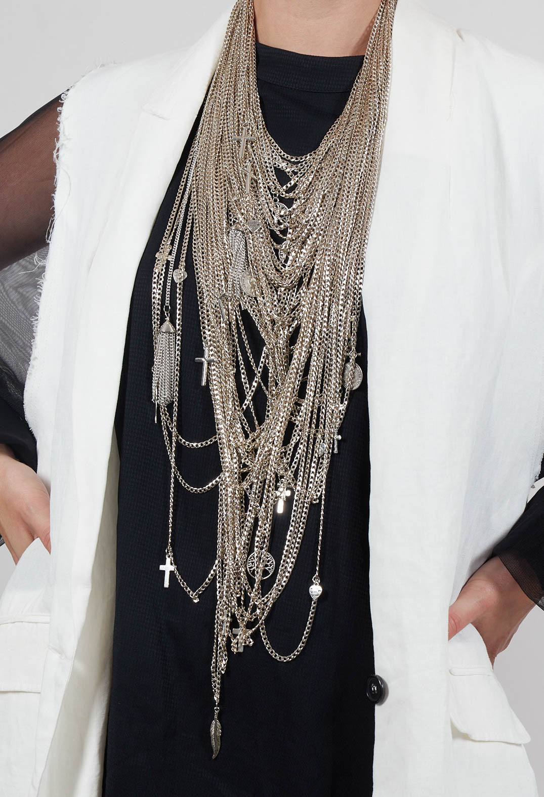 Longline Necklace with Multiple Chains and Pendants in Silver