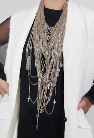 Longline Necklace with Multiple Chains and Pendants in Silver