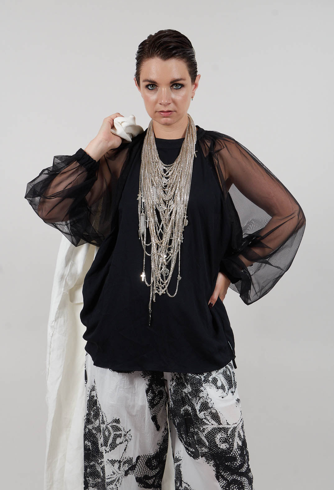 Long Sleeved Top with Sheer Sleeves in Black