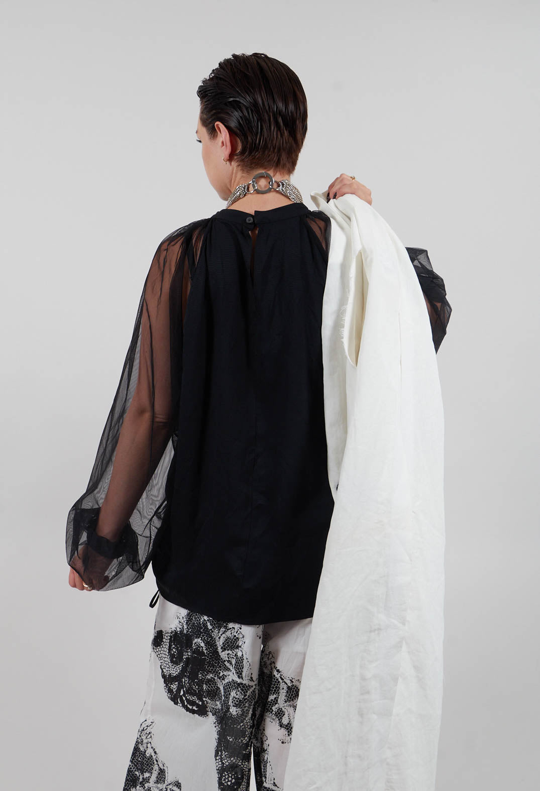 Long Sleeved Top with Sheer Sleeves in Black