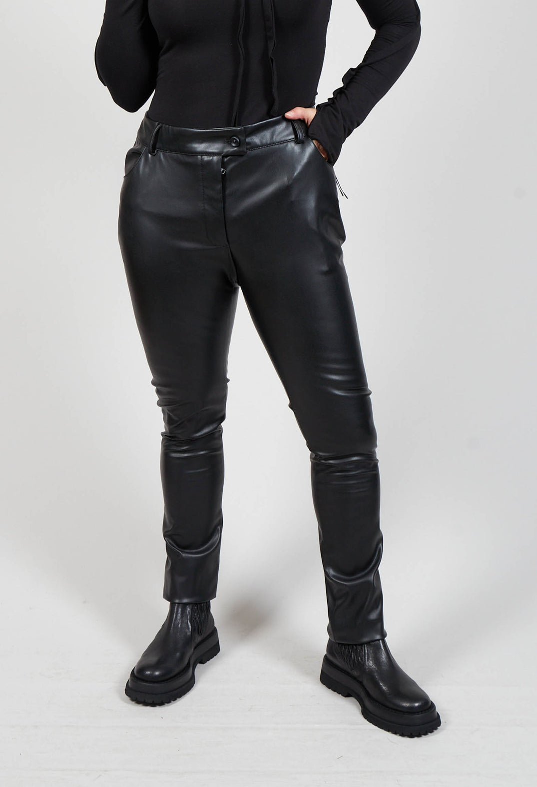 Slim Leg Wet Look Trousers in Black