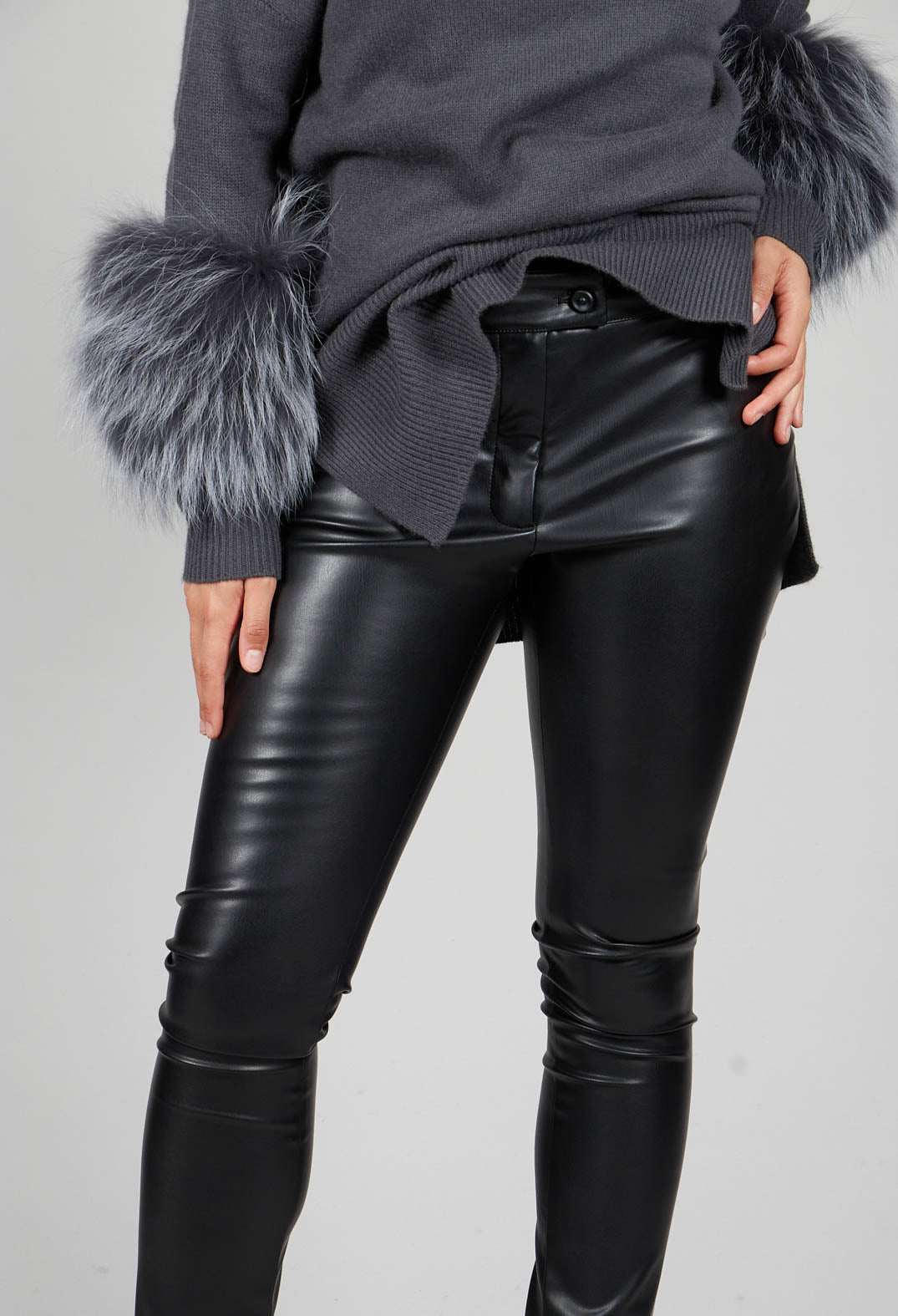 Slim Leg Wet Look Trousers in Black