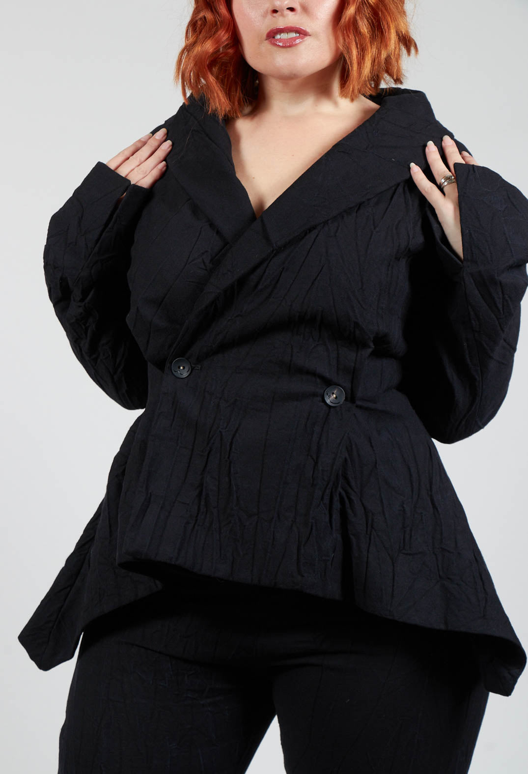 Crinkle Jacket with Asymmetric Hem and Fastening in Black