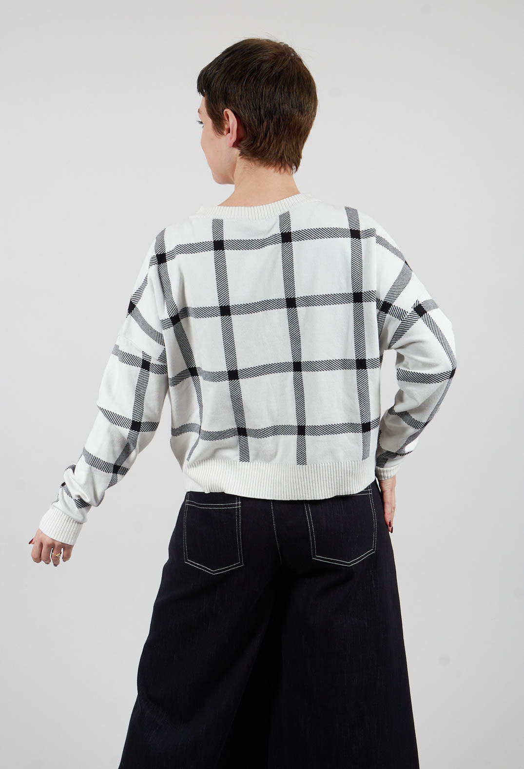 Long Sleeve Jumper with Check Design in White