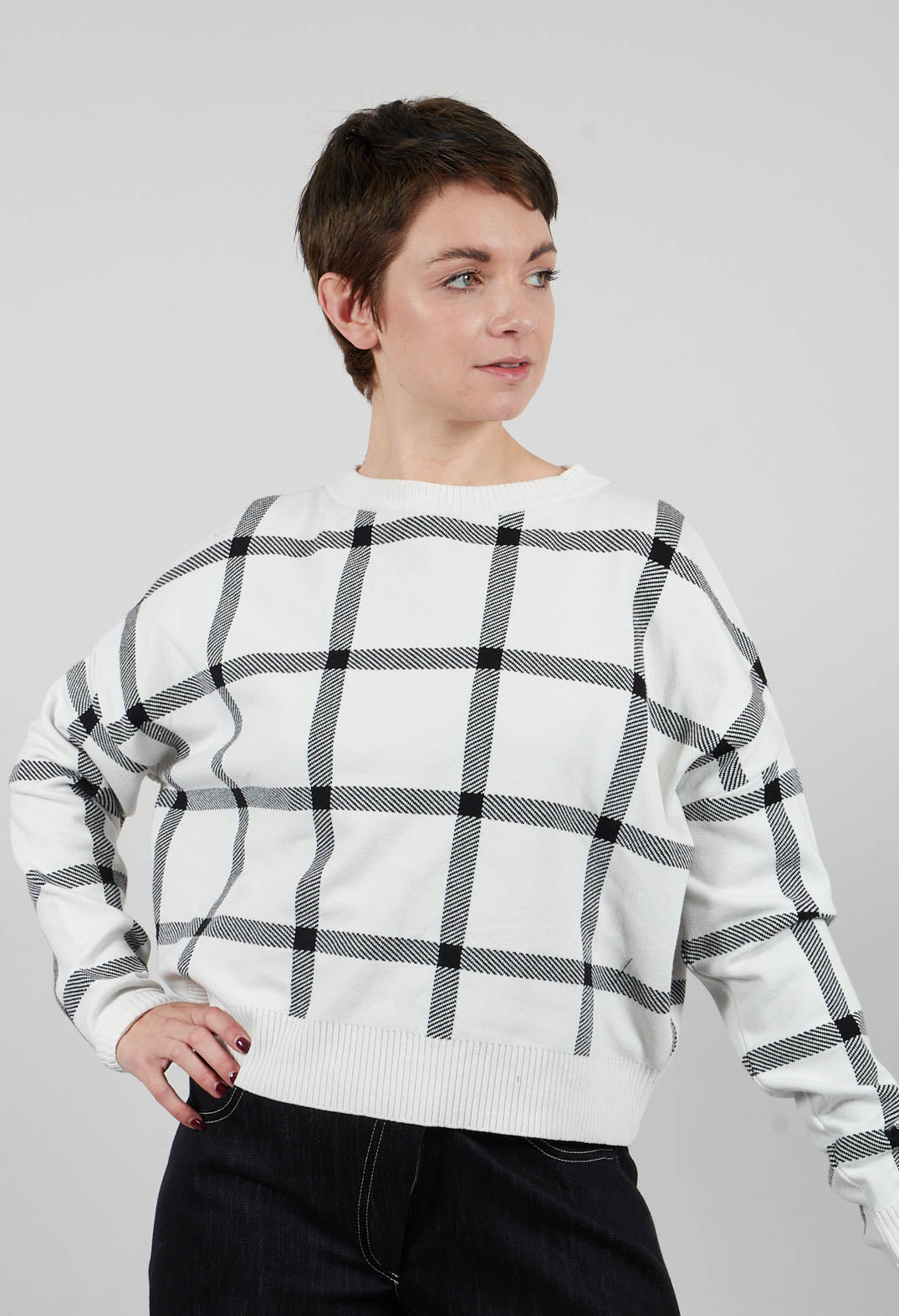 Long Sleeve Jumper with Check Design in White