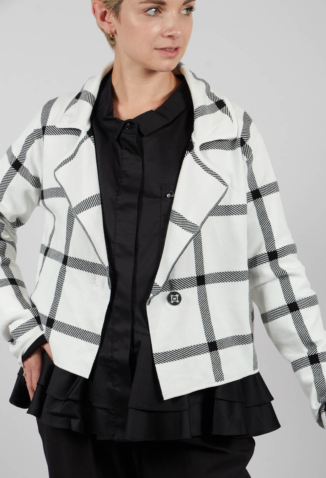Short Cardigan with Check Design in White