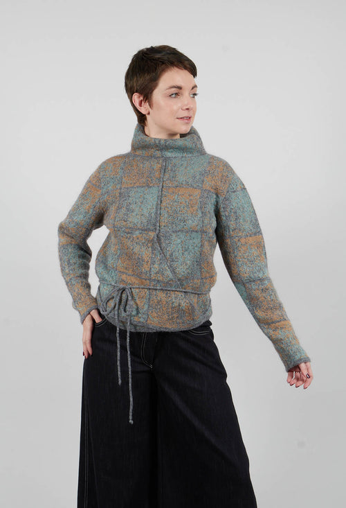 High Neck Jumper with Check Design in Grey Multicolour