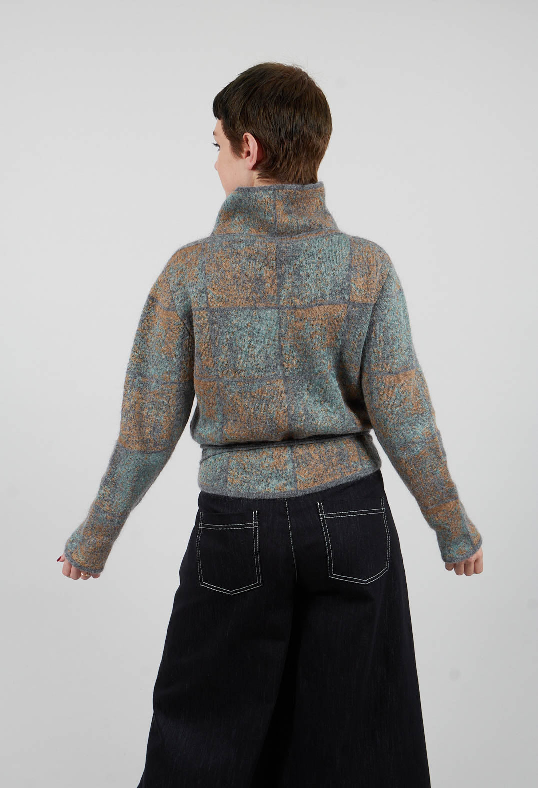 High Neck Jumper with Check Design in Grey Multicolour