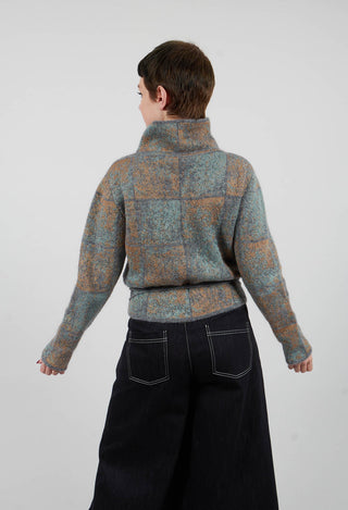 High Neck Jumper with Check Design in Grey Multicolour