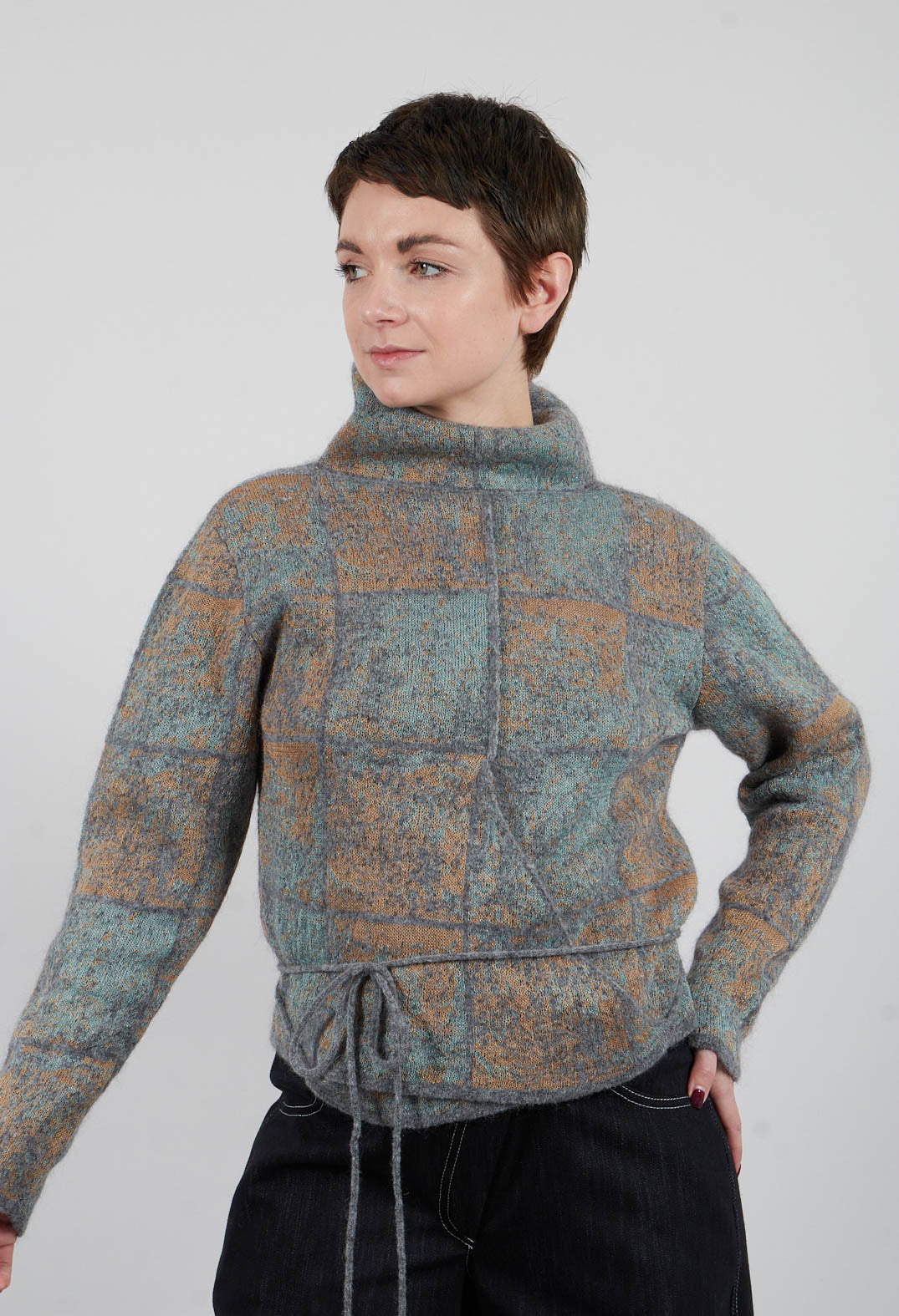 High Neck Jumper with Check Design in Grey Multicolour