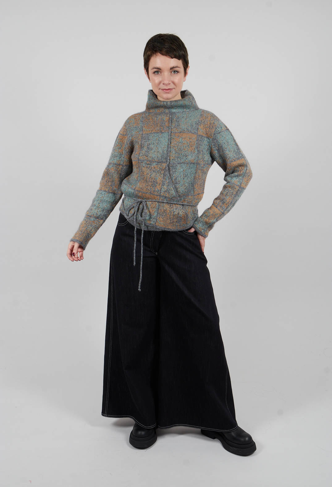 High Neck Jumper with Check Design in Grey Multicolour