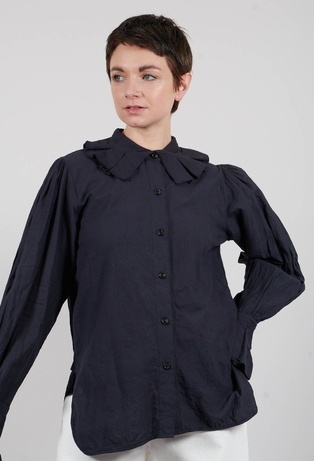 Petal Pleated Collar Shirt in Ink