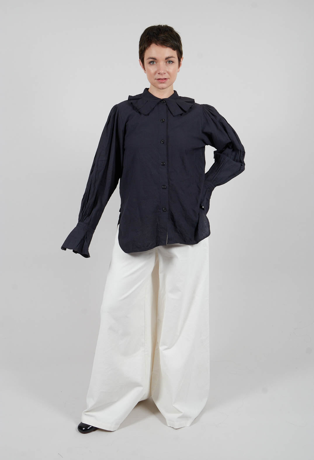 Petal Pleated Collar Shirt in Ink
