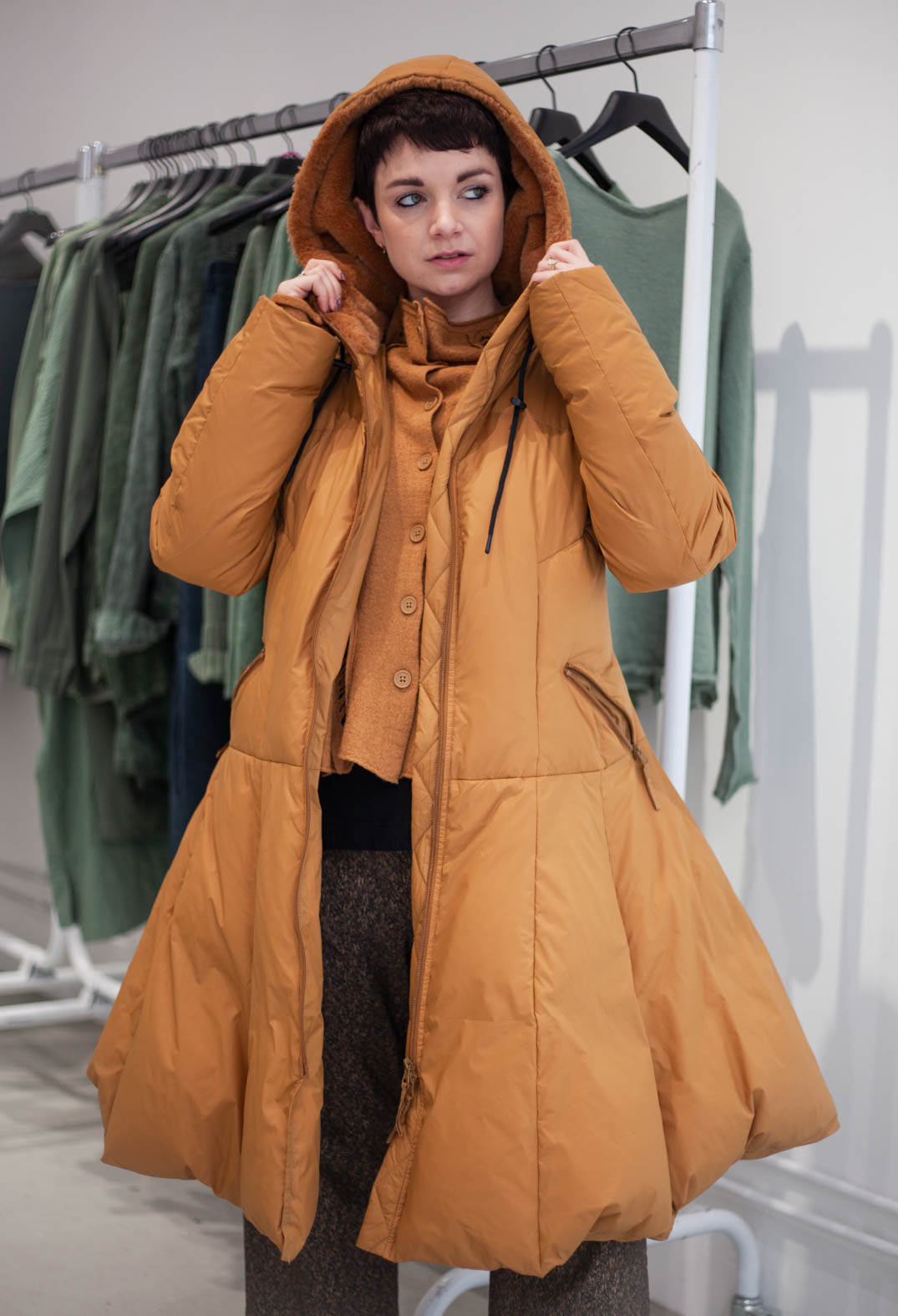 PRE-ORDER - Flared Hem Puffer Coat in Forest (Pictured in Bronze) - 3211211