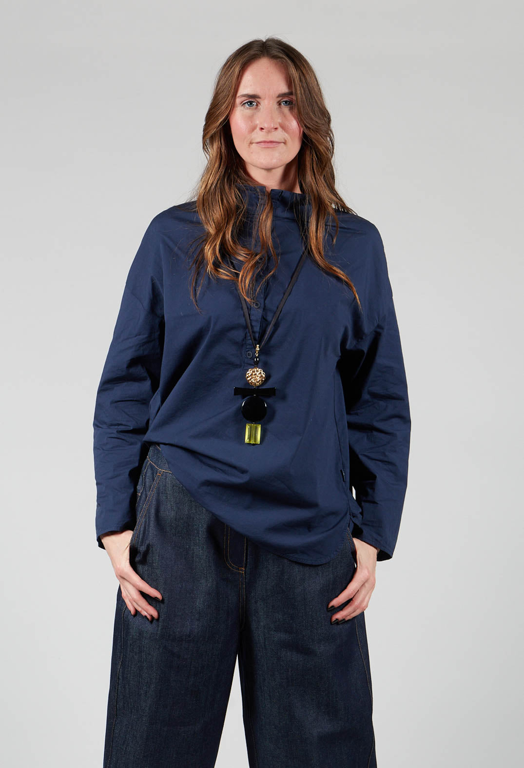 Half Button Through Shirt with Stand Collar in Dark Blue