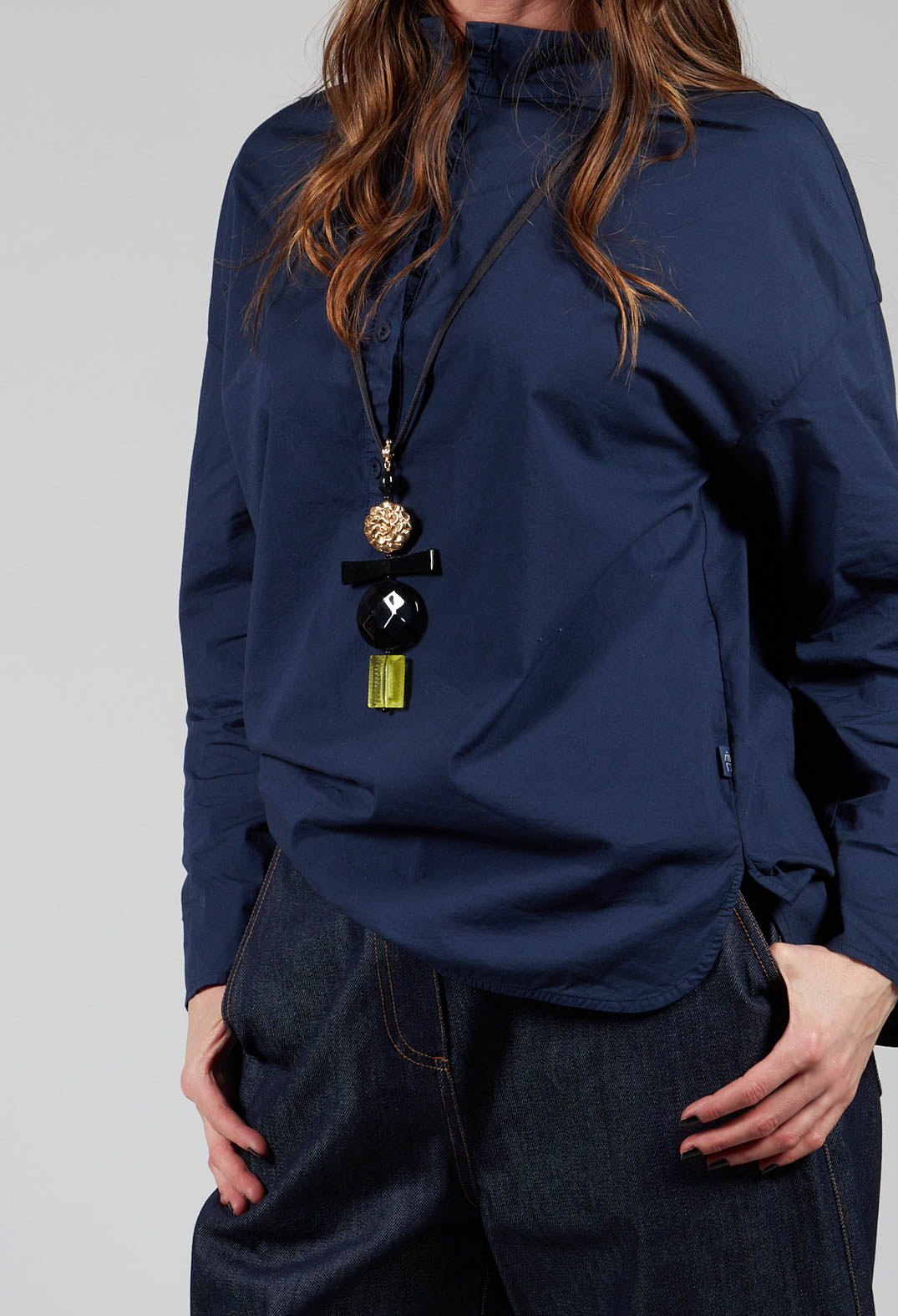 Half Button Through Shirt with Stand Collar in Dark Blue