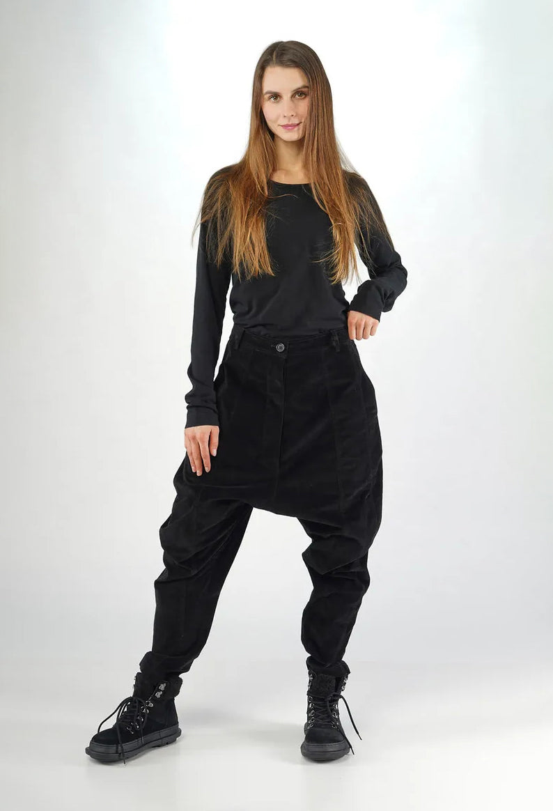 PRE-ORDER - Velvet Drop Crotch Trousers in Dark Grey (Pictured in Black) - 3230104
