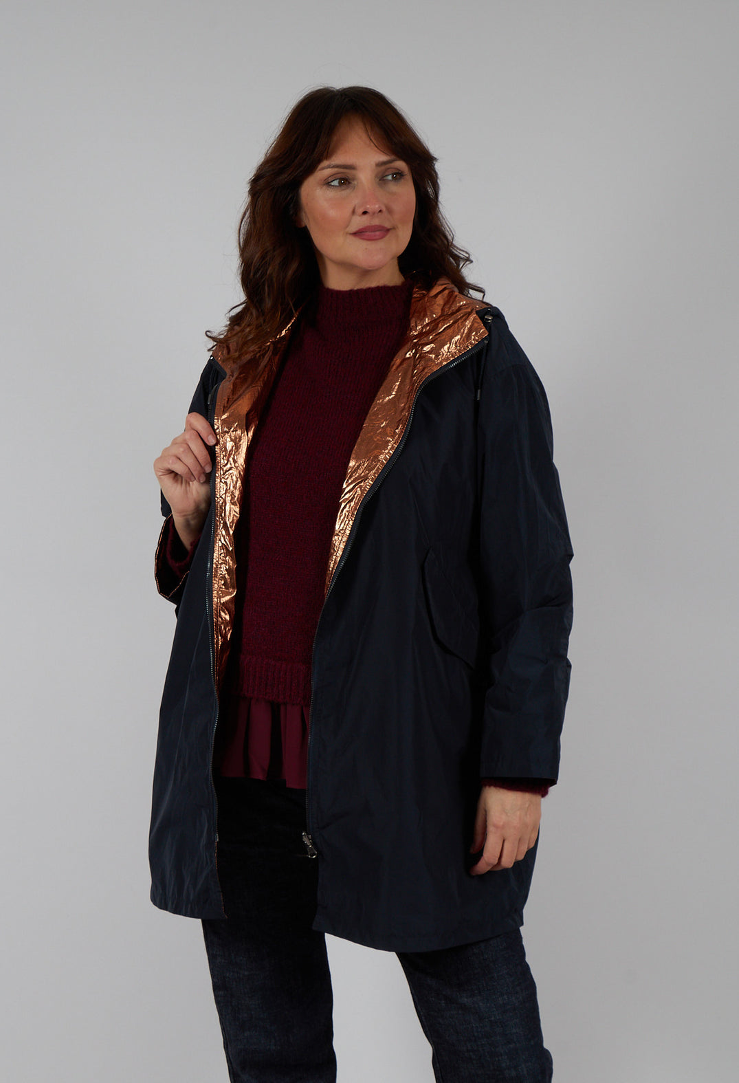 Reversible Lightweight Raincoat in Navy and Bronze