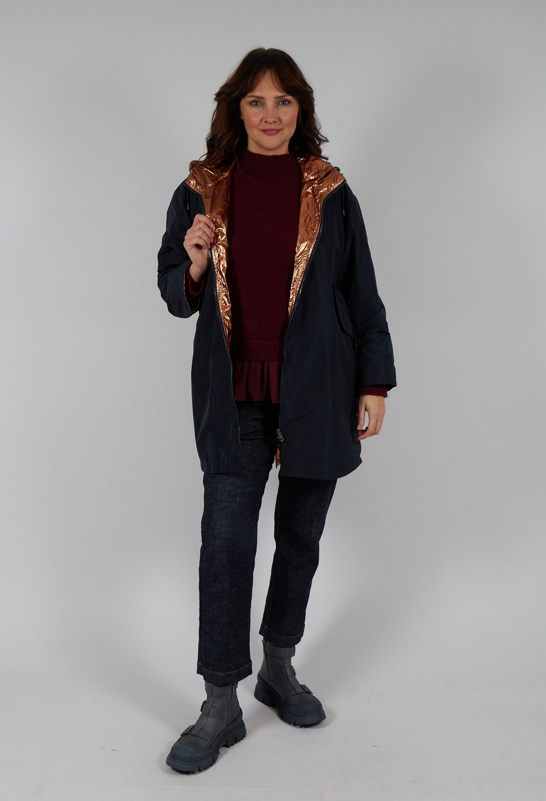 Reversible Lightweight Raincoat in Navy and Bronze