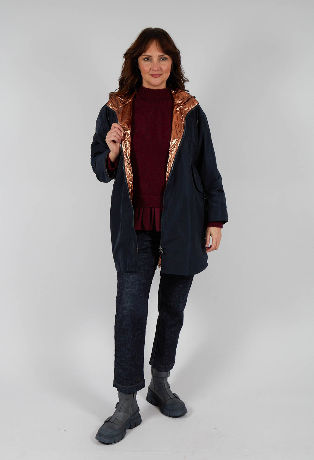 Reversible Lightweight Raincoat in Navy and Bronze
