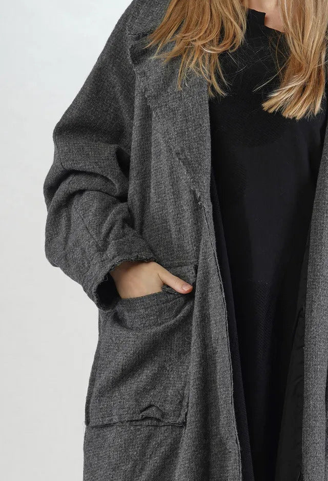 PRE-ORDER - Long Coat with Raw Edges in Dark Grey - 3281204