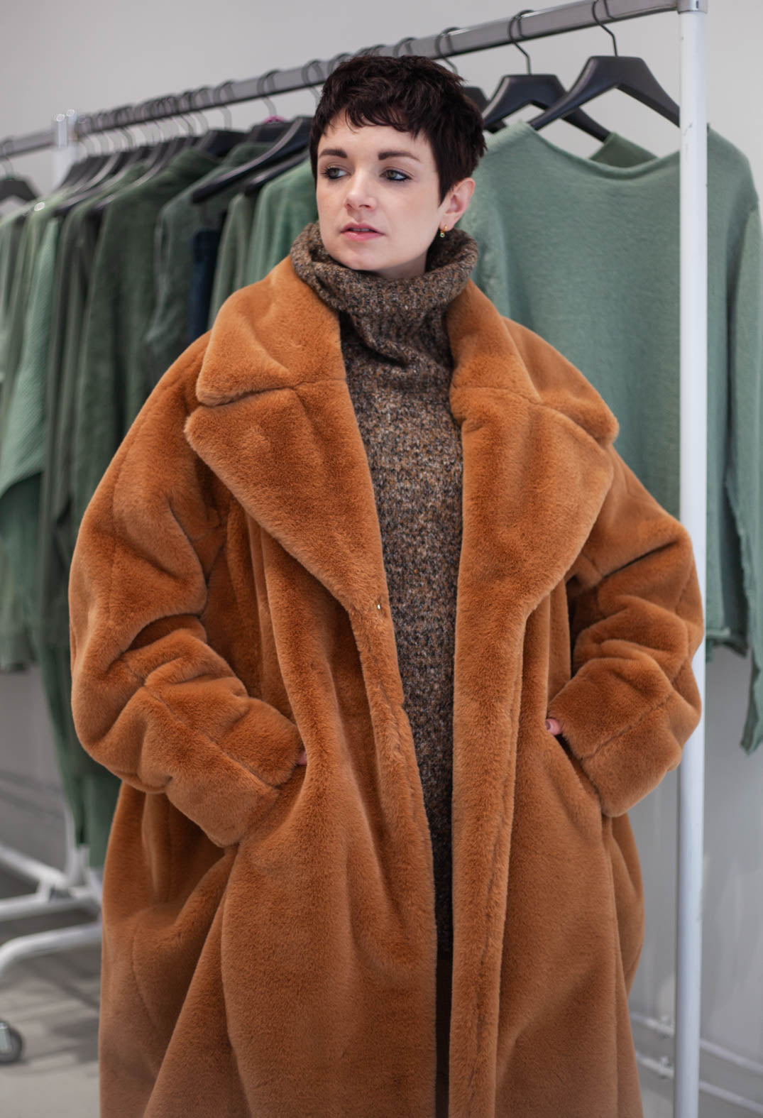 PRE-ORDER - Faux Fur Coat in Sand (Pictured in Bronze) - 3431202