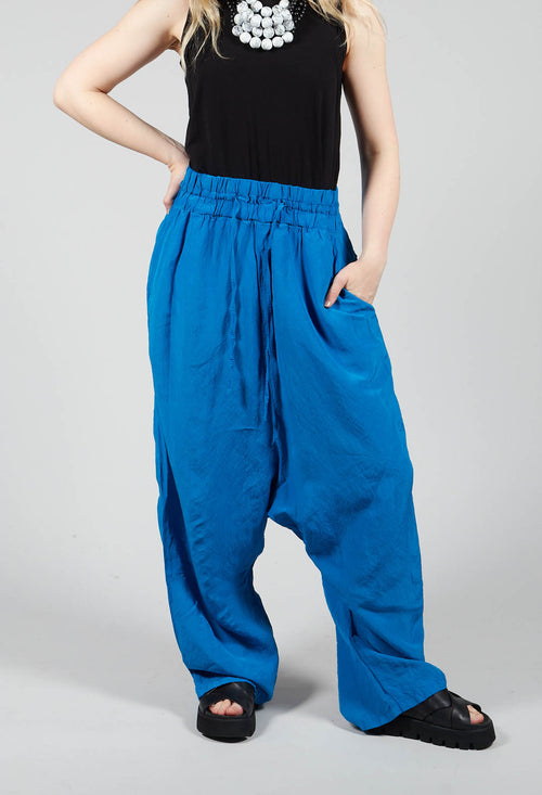 Cropped Linen Drop Crotch Trousers in Blue