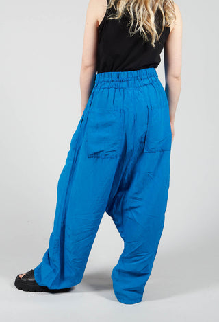 Cropped Linen Drop Crotch Trousers in Blue