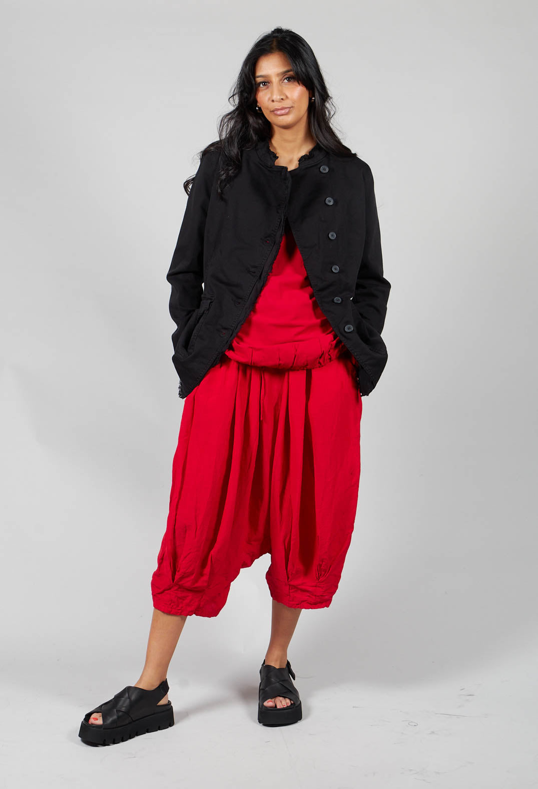 Short Cropped Drop Crotch Trousers in Red