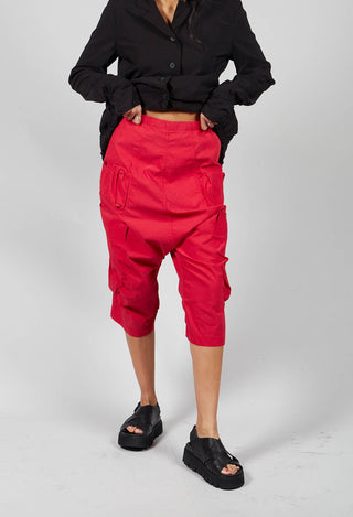 Short Drop Crotch Trousers With Side Pockets in Red