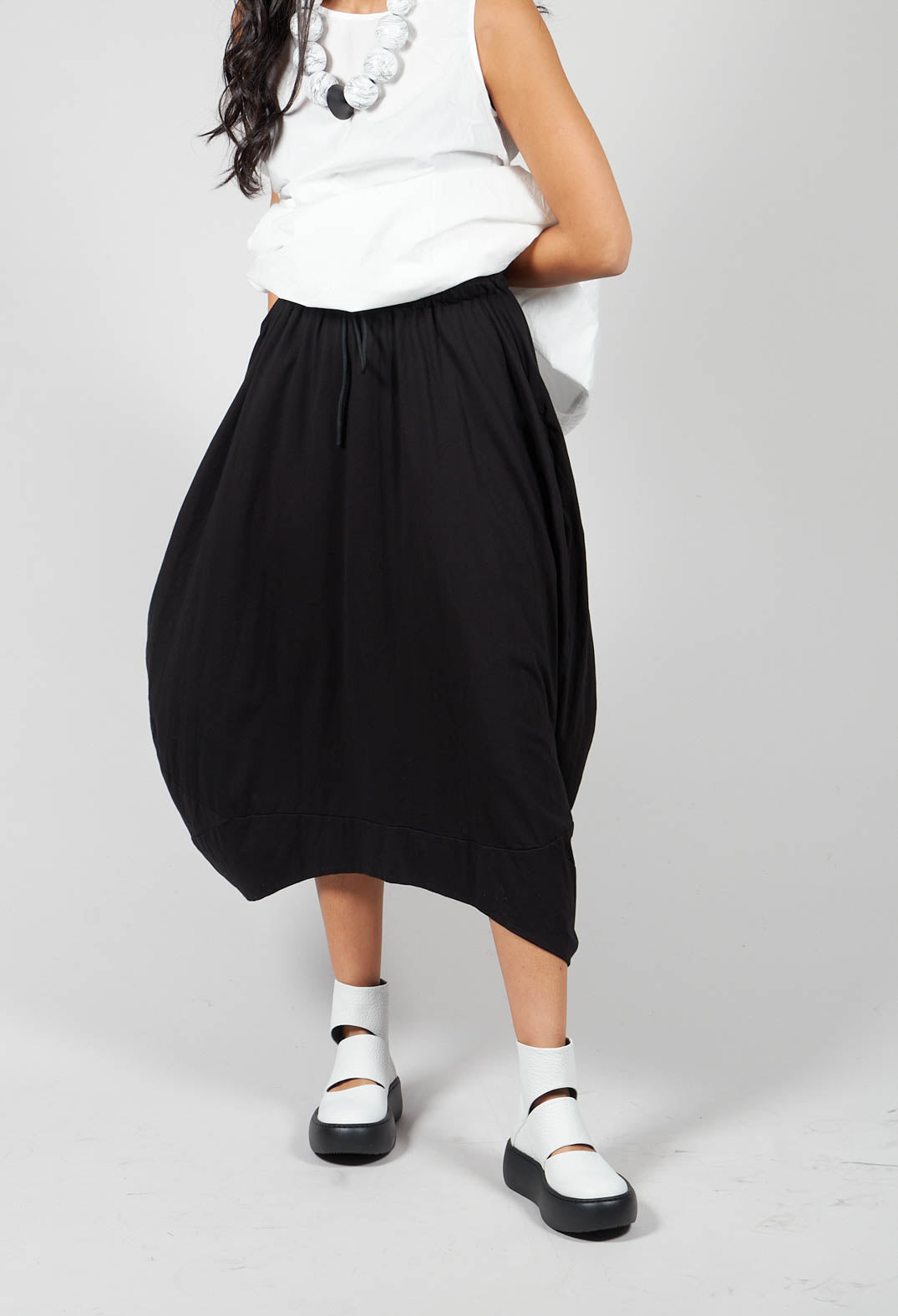Elasticated Waist Skirt with Asymmetrical Hem In Black