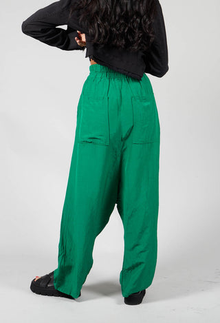 Cropped Linen Drop Crotch Trousers in Green