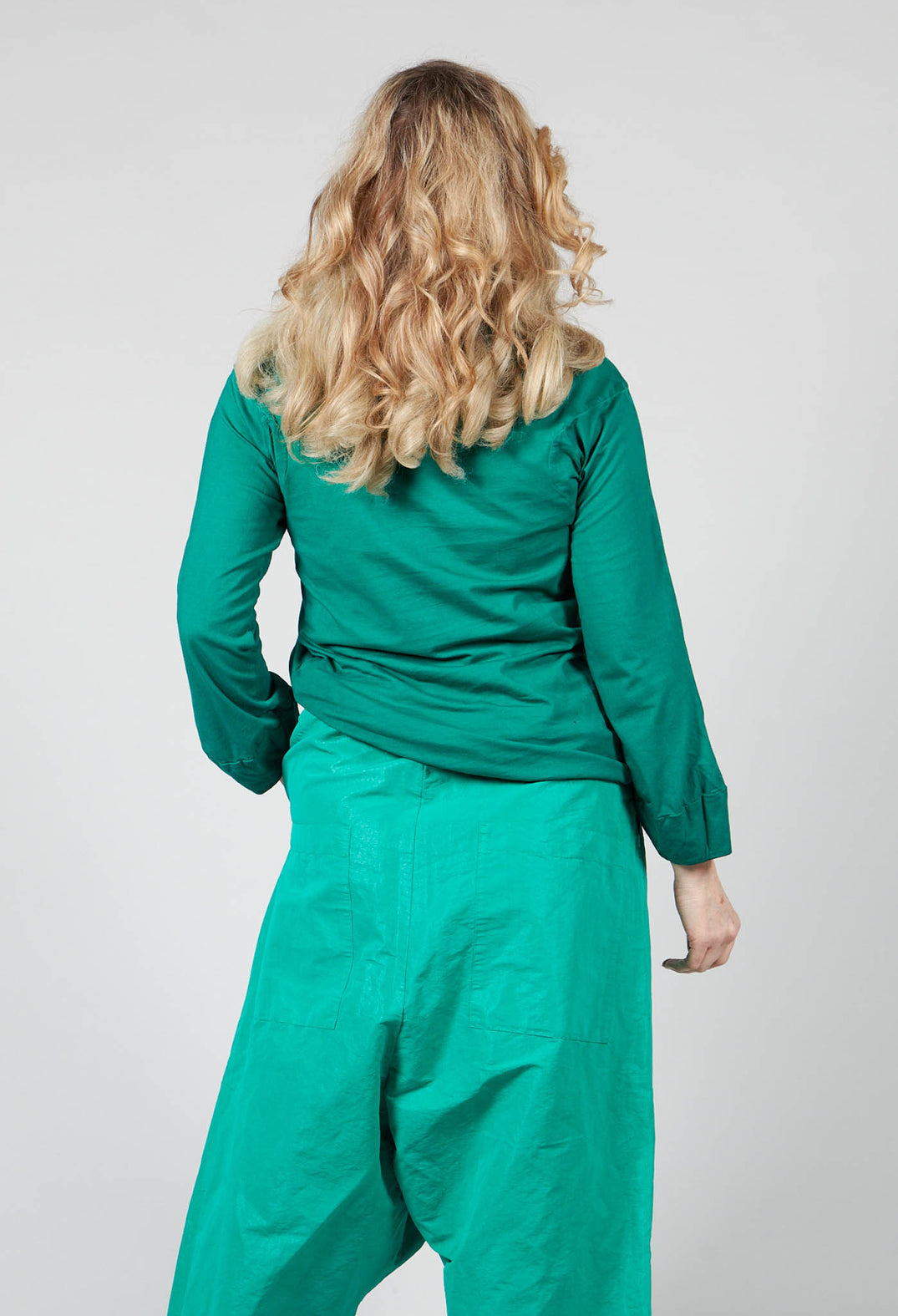 Round Neck Long Sleeved T Shirt with Bell Sleeves in Green