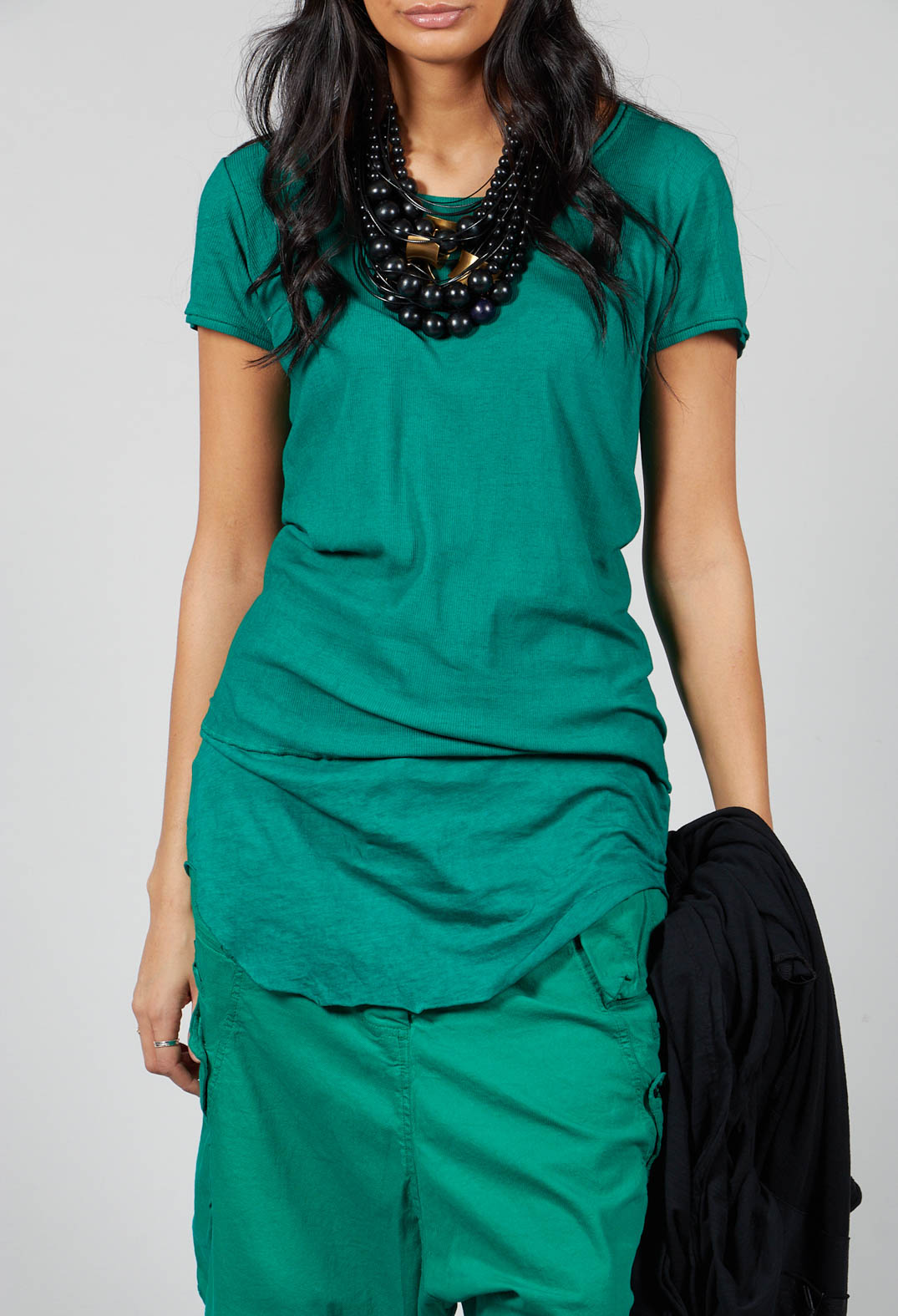 Round Neck Short Sleeved T Shirt with Skirt Panel in Green