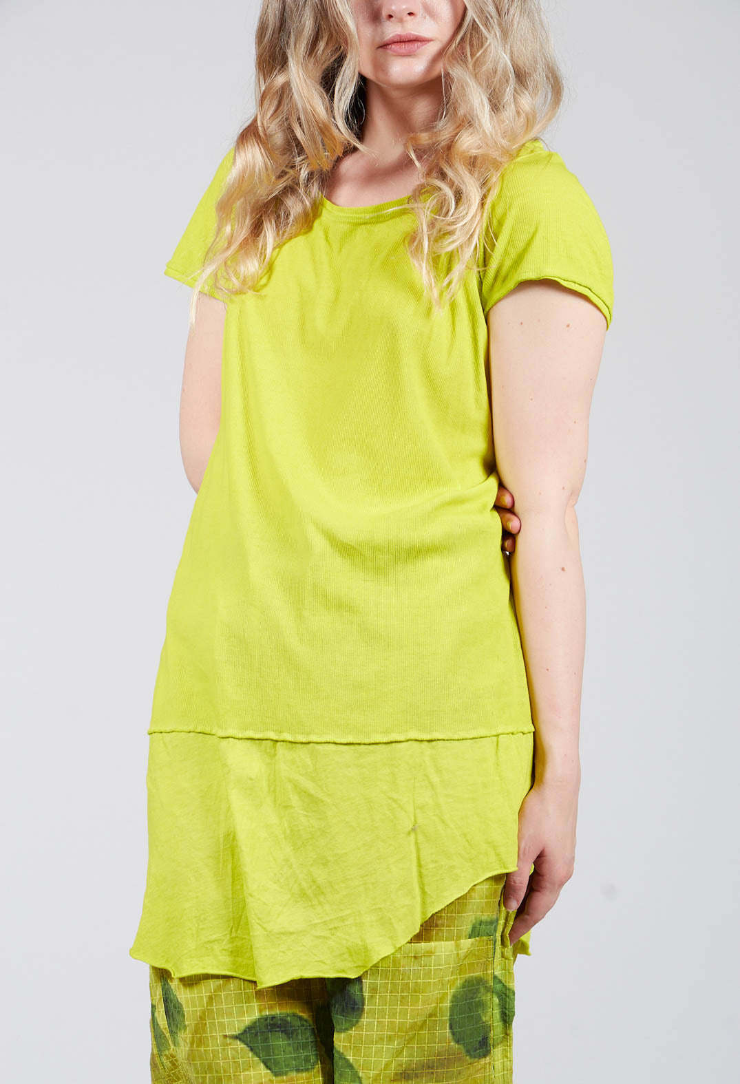 Round Neck Short Sleeved T Shirt with Skirt Panel in Spring
