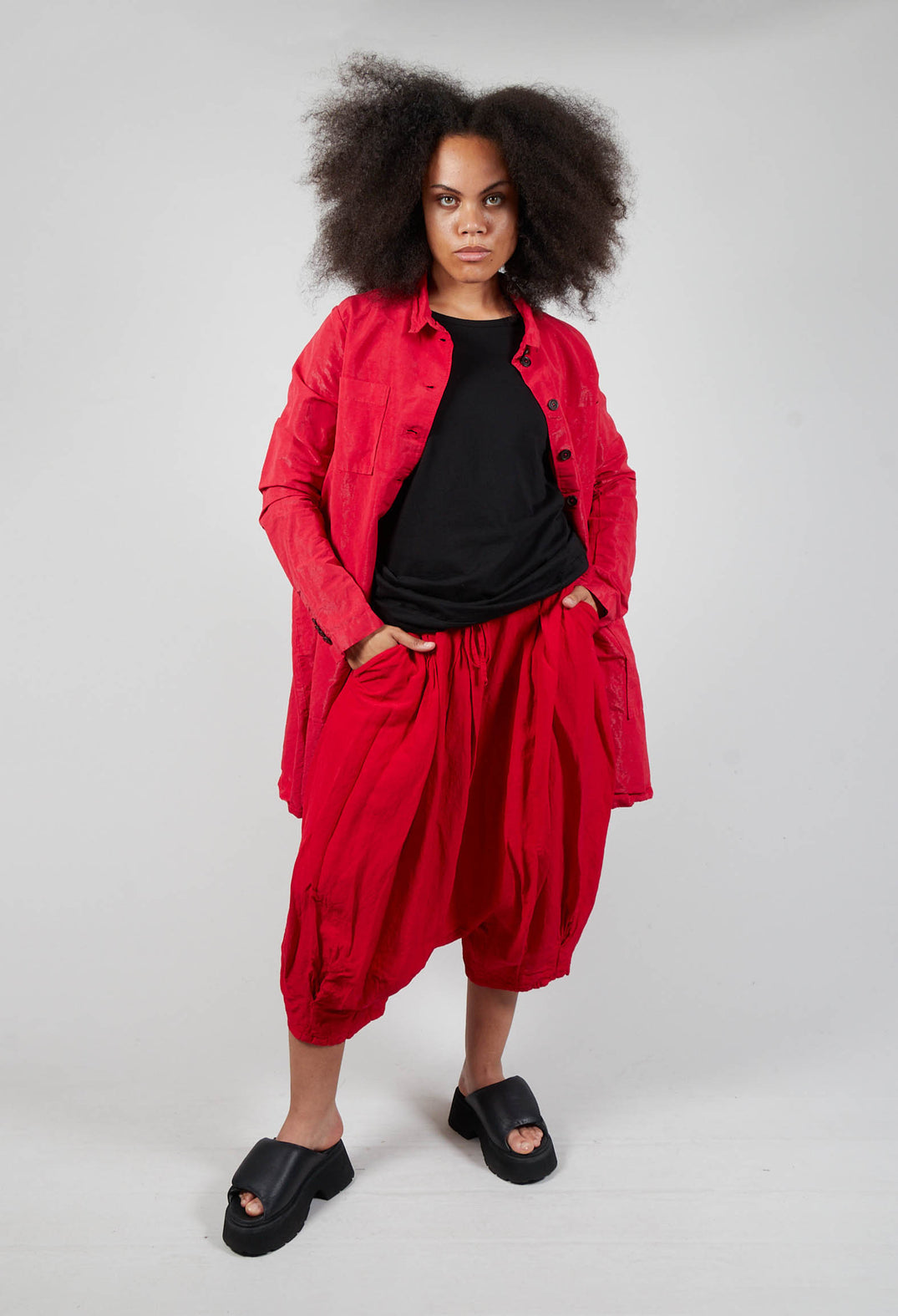 Short Cropped Drop Crotch Trousers in Red