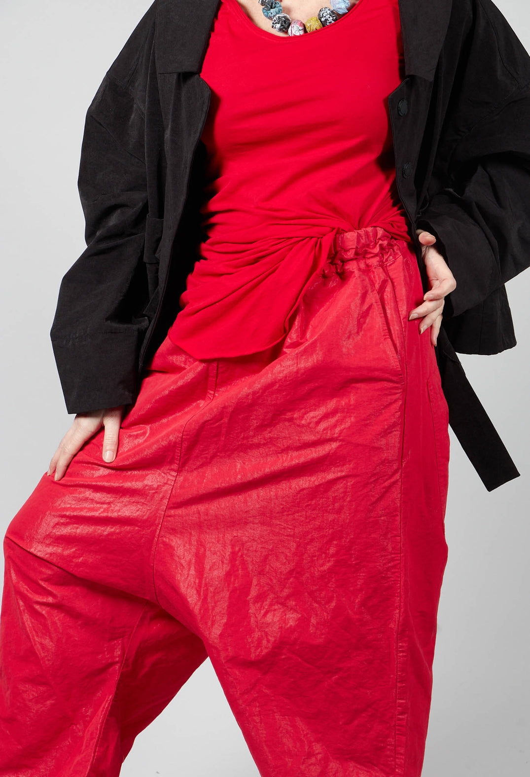 Wide Leg Drop Crotch Cropped Trousers in Red