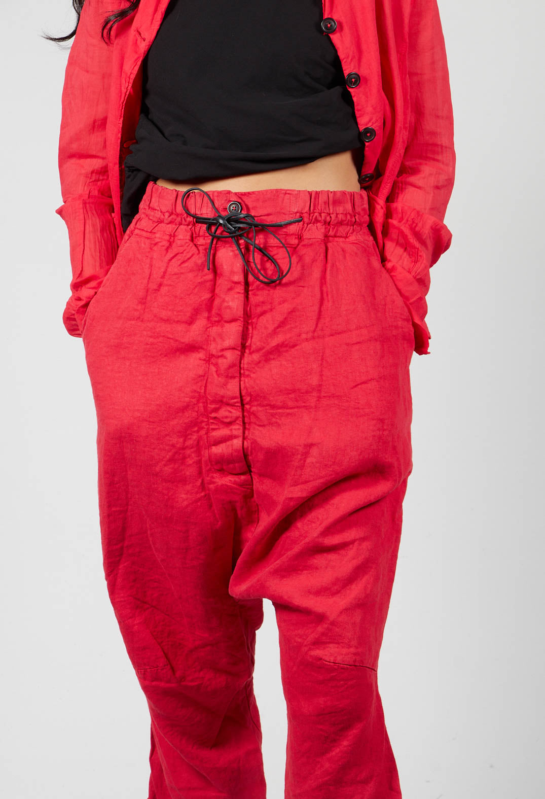 Linen Drop Crotch Trousers in Red