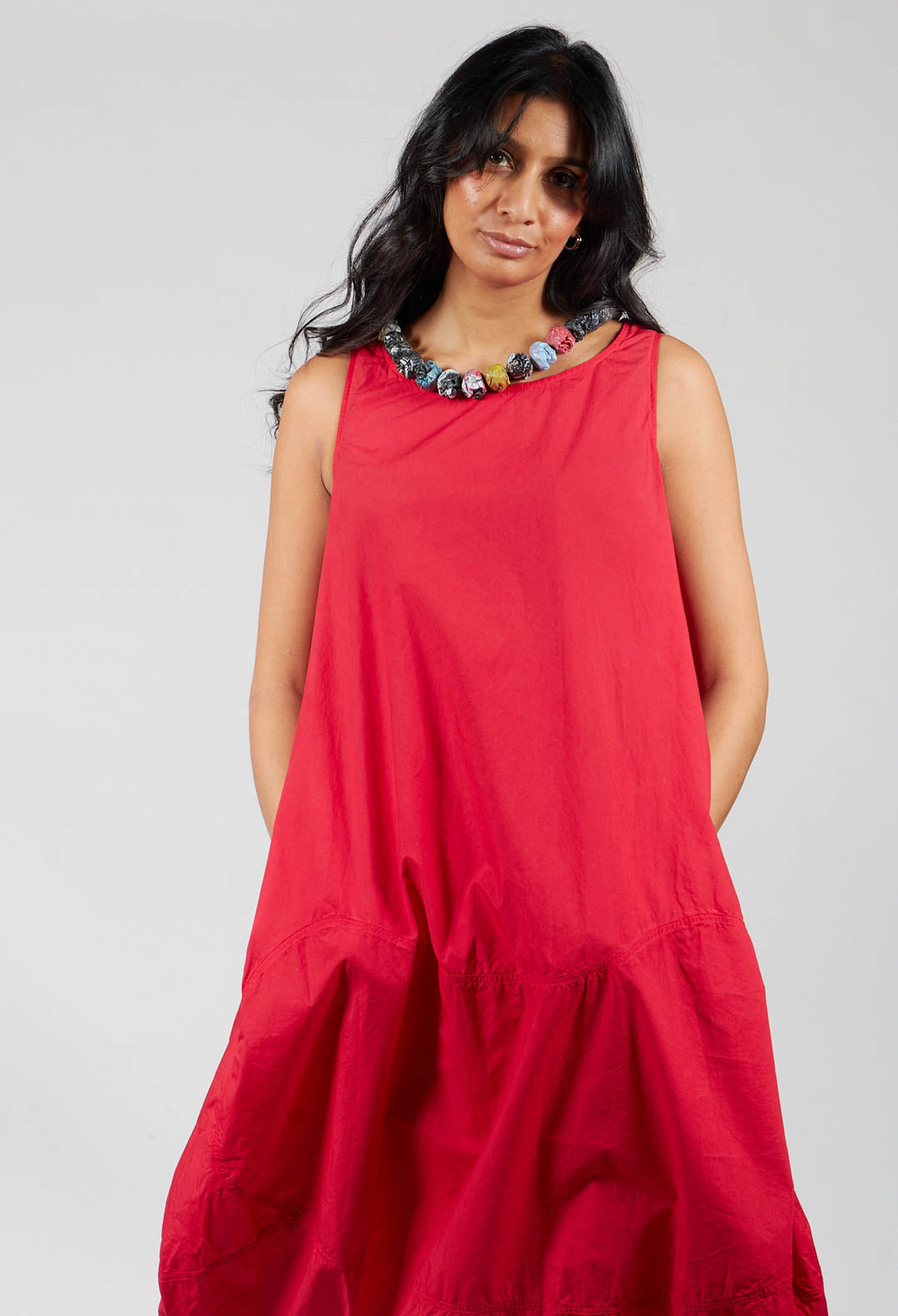 Loose Fit Sleeveless Cotton dress in Red