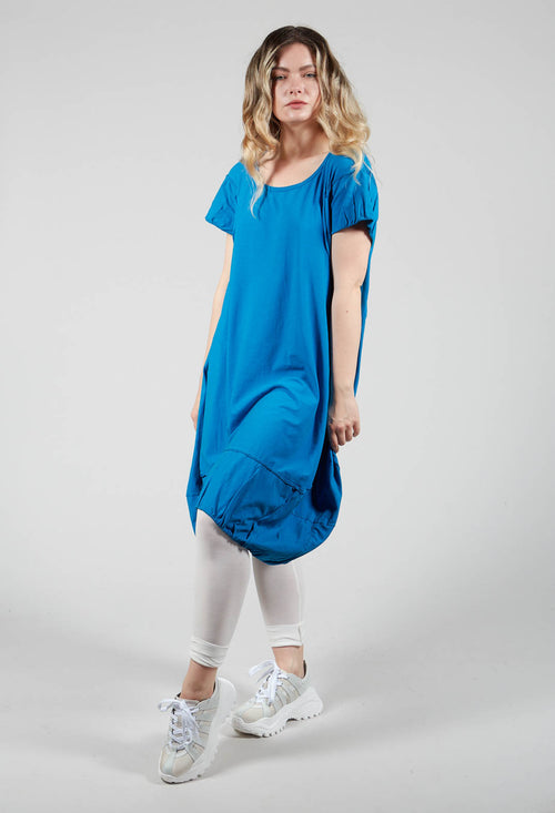 Short Sleeved Jersey Dress with Gathered Hem in Blue