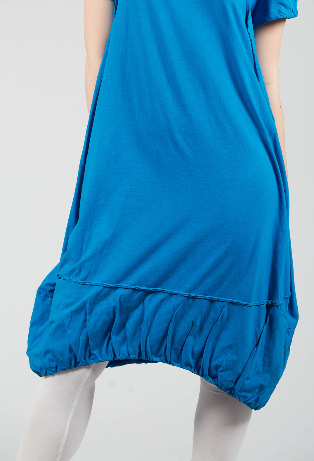 Short Sleeved Jersey Dress with Gathered Hem in Blue