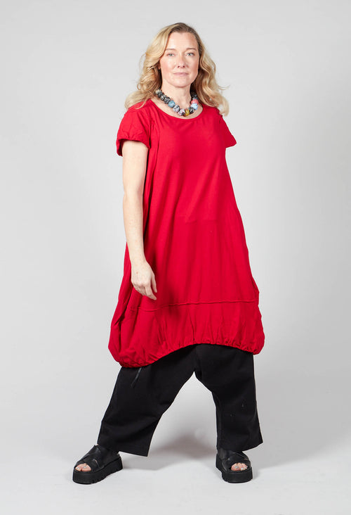 Short Sleeved Jersey Dress with Gathered Hem in red