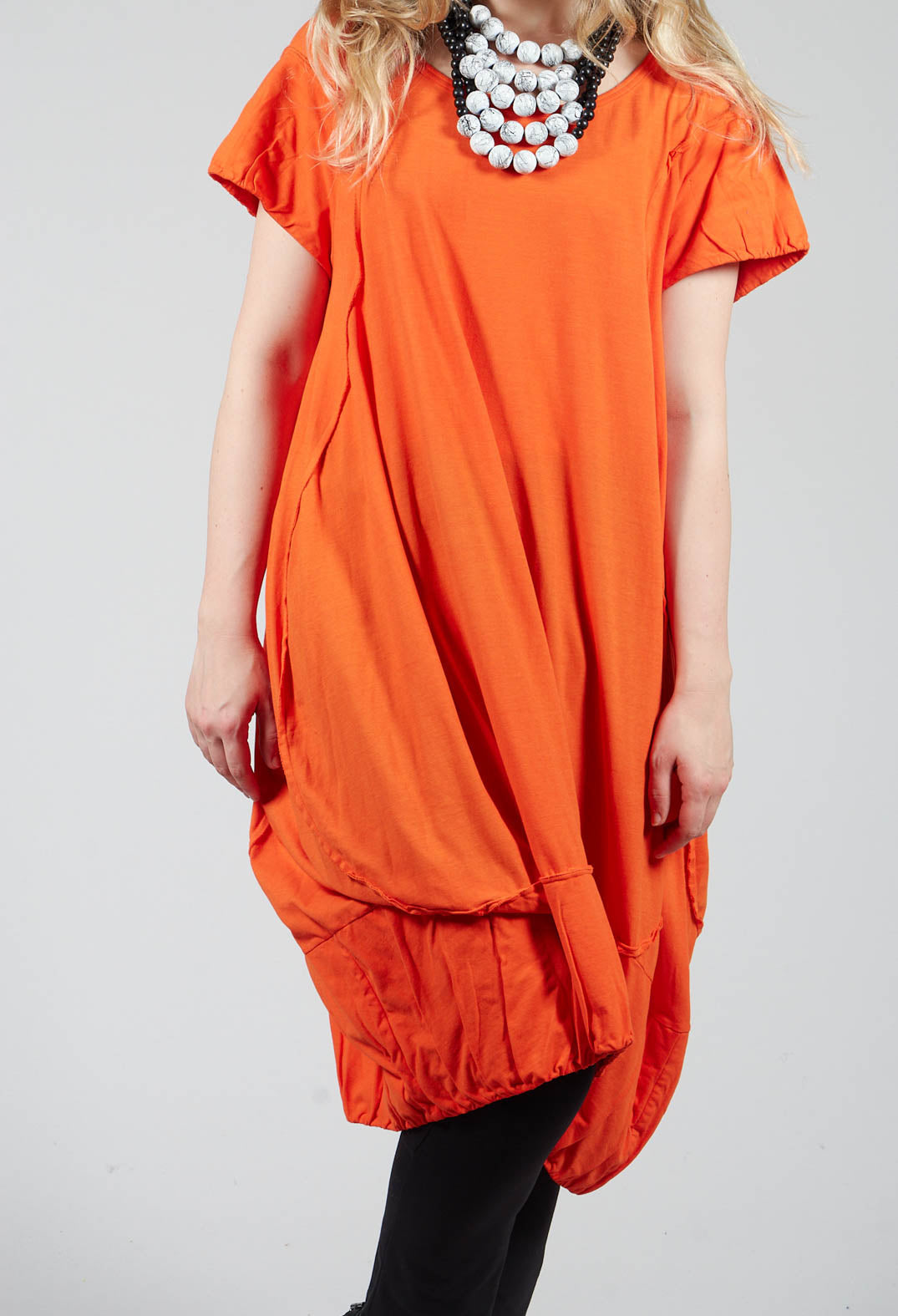 Short Sleeved Jersey Dress with Gathered Hem in Orange