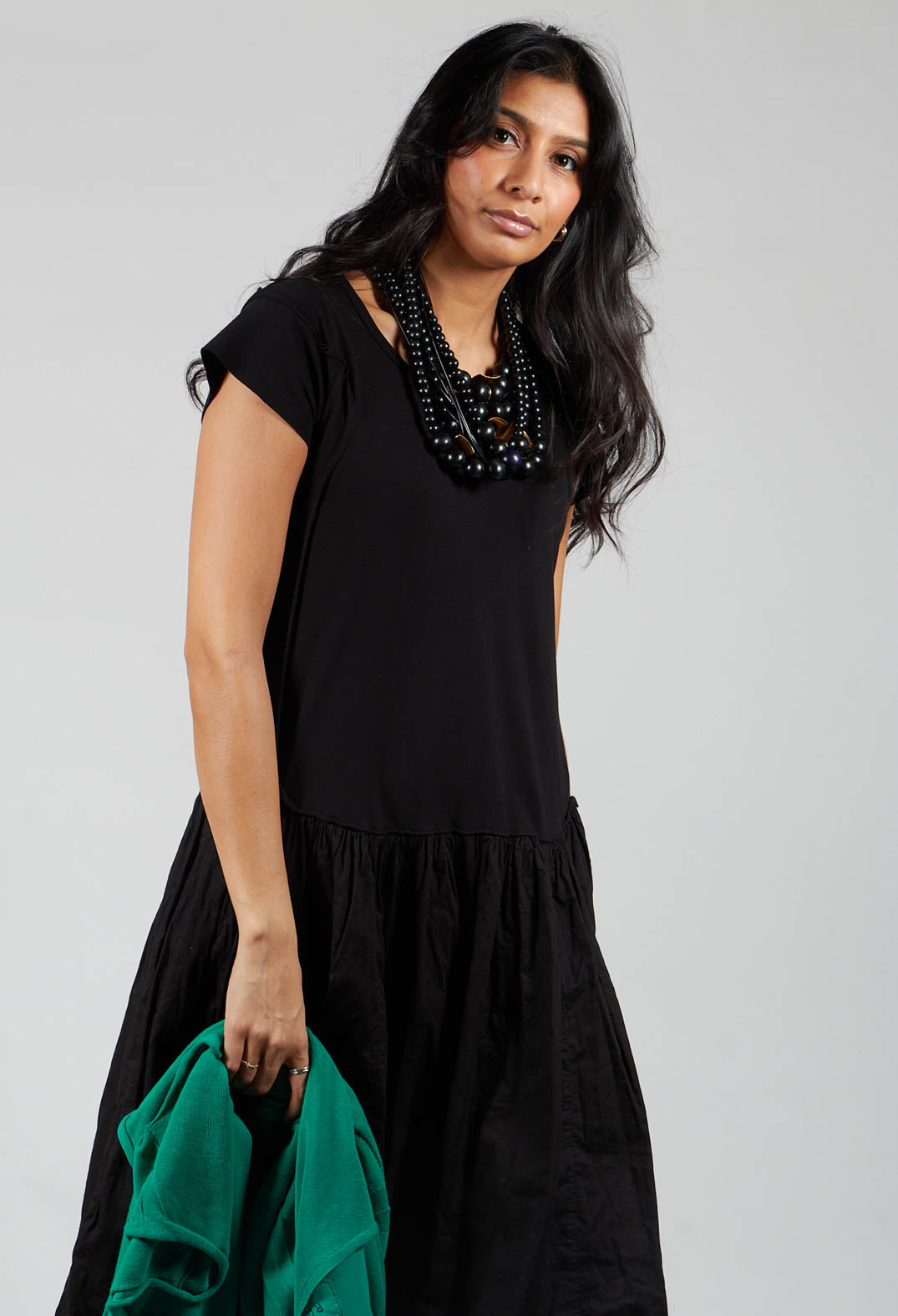 Short Sleeved Jersey Dress with Gathered Waist in Black
