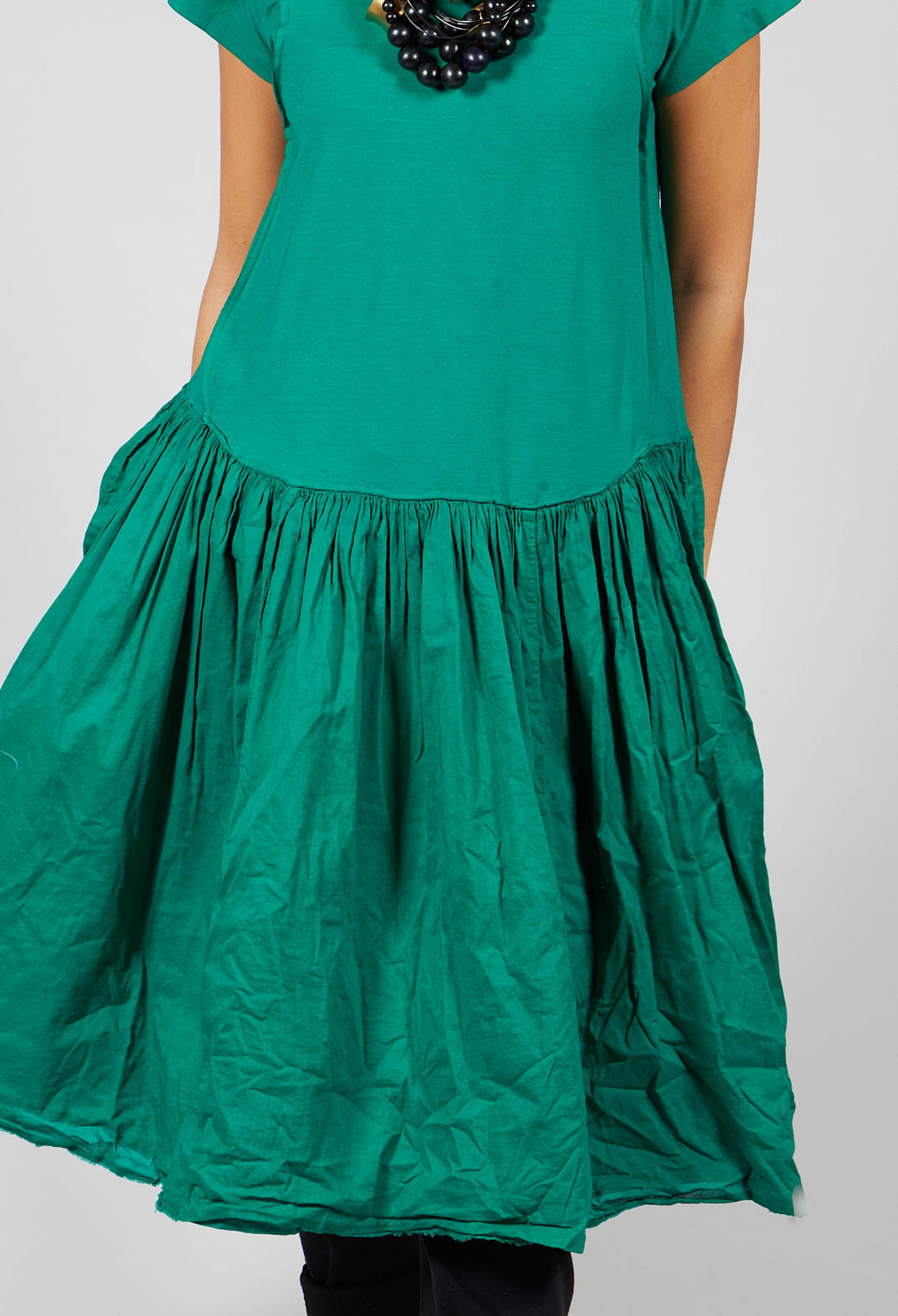 Short Sleeved Jersey Dress with Gathered Waist in Green