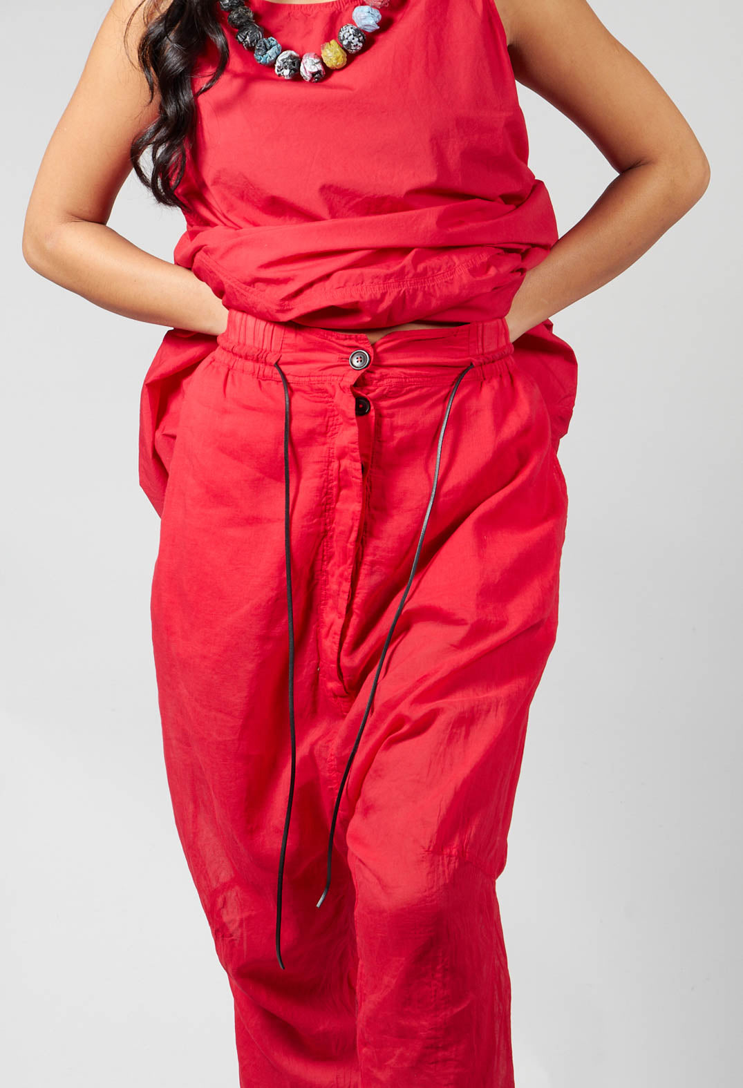 Cotton Drop Crotch Trousers with Button Fly in Red